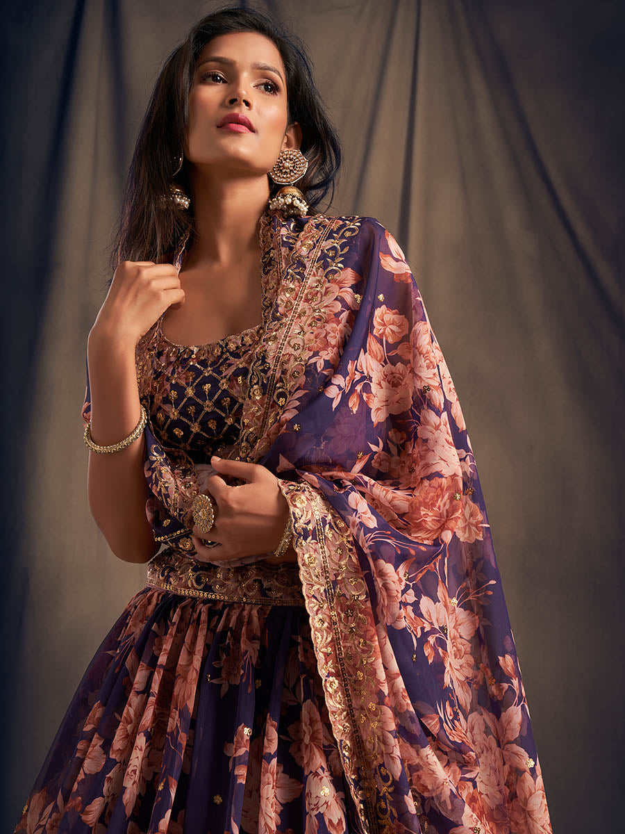 Purple Organza Silk Embroidered Lehenga