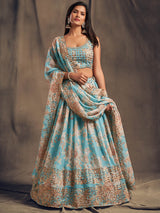 Sky Blue Organza Silk Embroidered Lehenga