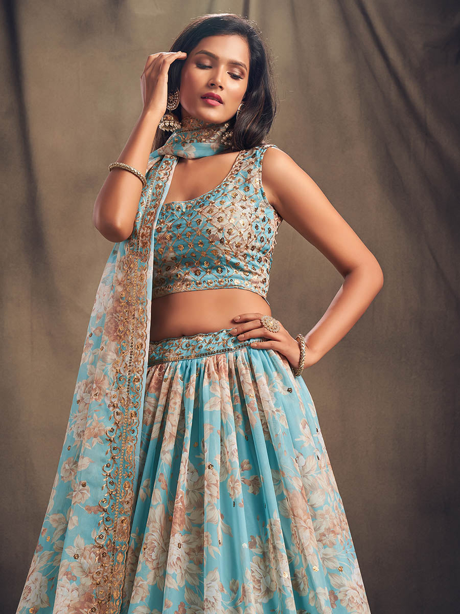 Sky Blue Organza Silk Embroidered Lehenga