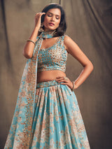 Sky Blue Organza Silk Embroidered Lehenga