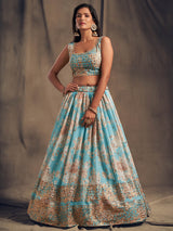 Sky Blue Organza Silk Embroidered Lehenga