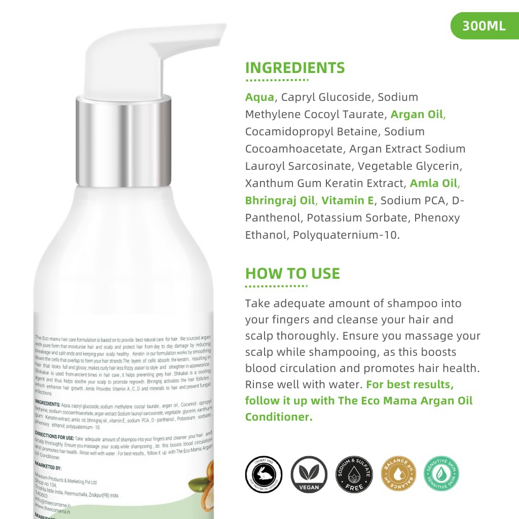 The Eco Mama Argan Keratin Shampoo With Amla Oil, Bhringraj Oil, and Vitamin E