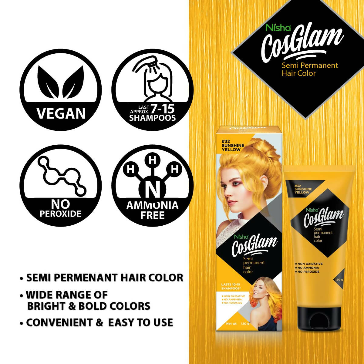 Nisha Cosglam Semi Permanent Hair Color 32 Sunshine Yellow