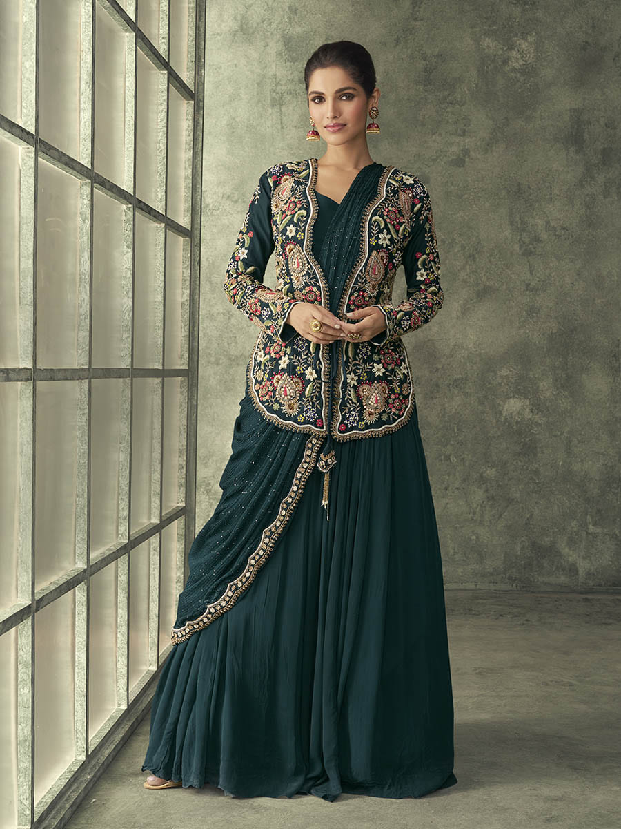 Rama Green Georgette Jacket Style Party Wear Gown