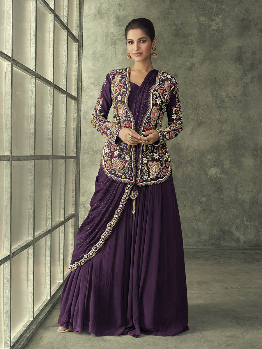 Purpel Georgette Jacket Style Party Wear Gown