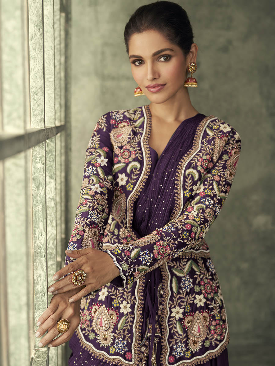 Purpel Georgette Jacket Style Party Wear Gown