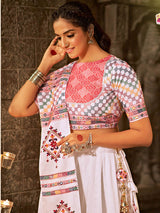 White and Pink Jaquard Cotton Embroidered Designer Lehenga