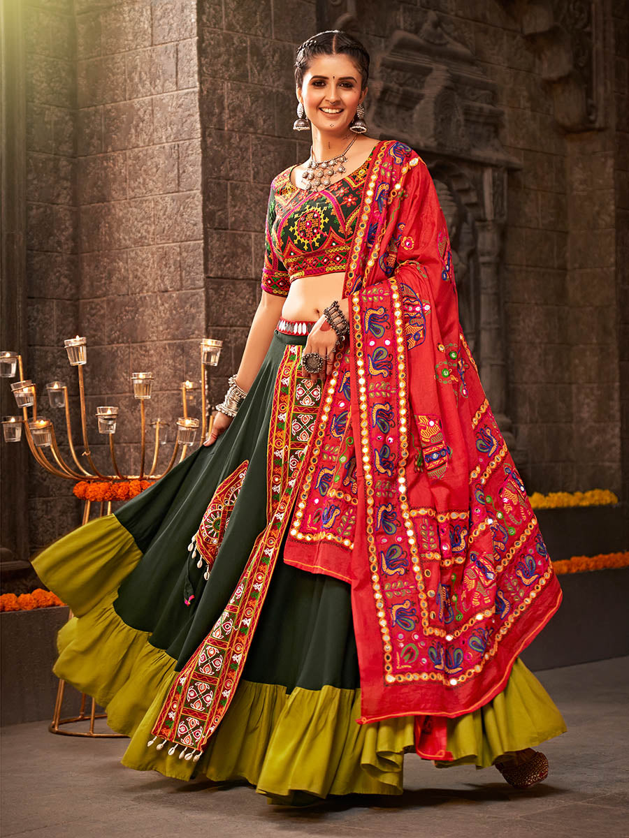 Green Viscose Rayon Embroidered Designer Navratri Special Lehenga