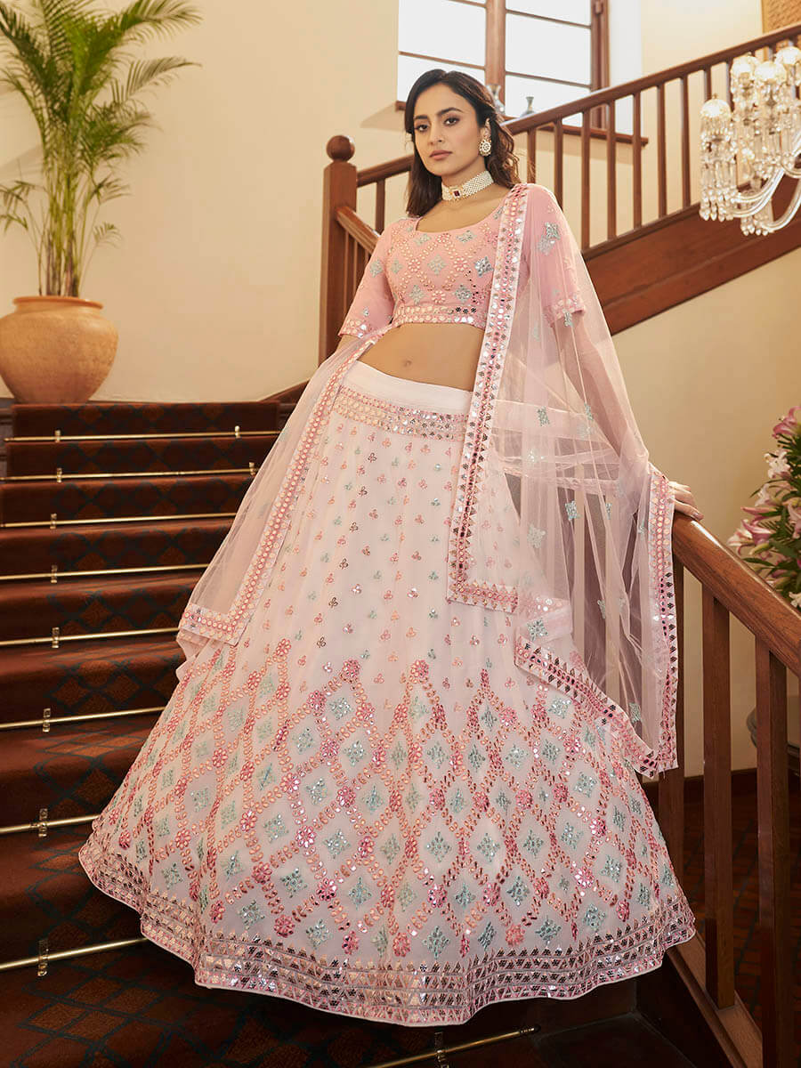 Pearl White and Pink Georgette Embroidered Party Wear Lehenga