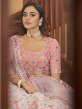 Pearl White and Pink Georgette Embroidered Party Wear Lehenga