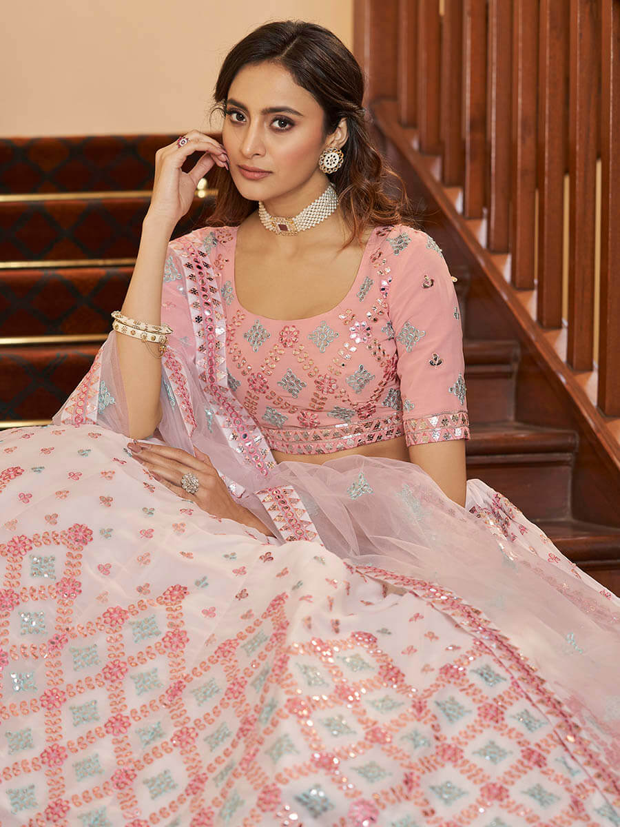 Pearl White and Pink Georgette Embroidered Party Wear Lehenga