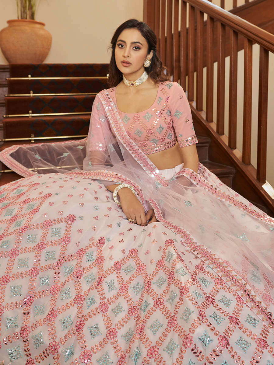 Pearl White and Pink Georgette Embroidered Party Wear Lehenga