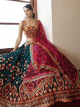 Green and Deep Pink Georgette Embroidered Party Wear Lehenga