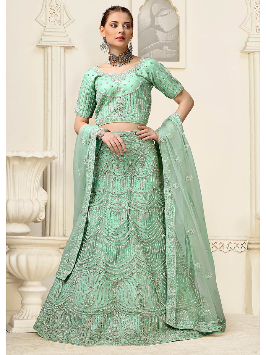 Pista Net Heavy Embroidered Lehenga Choli