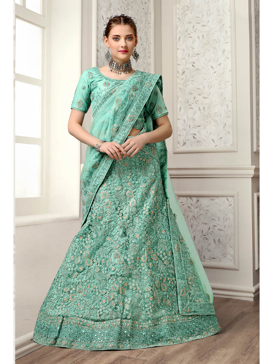 Sea Green Net Heavy Embroidered Lehenga Choli