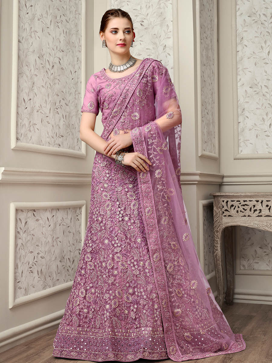 Lilac Net Heavy Embroidered Lehenga Choli