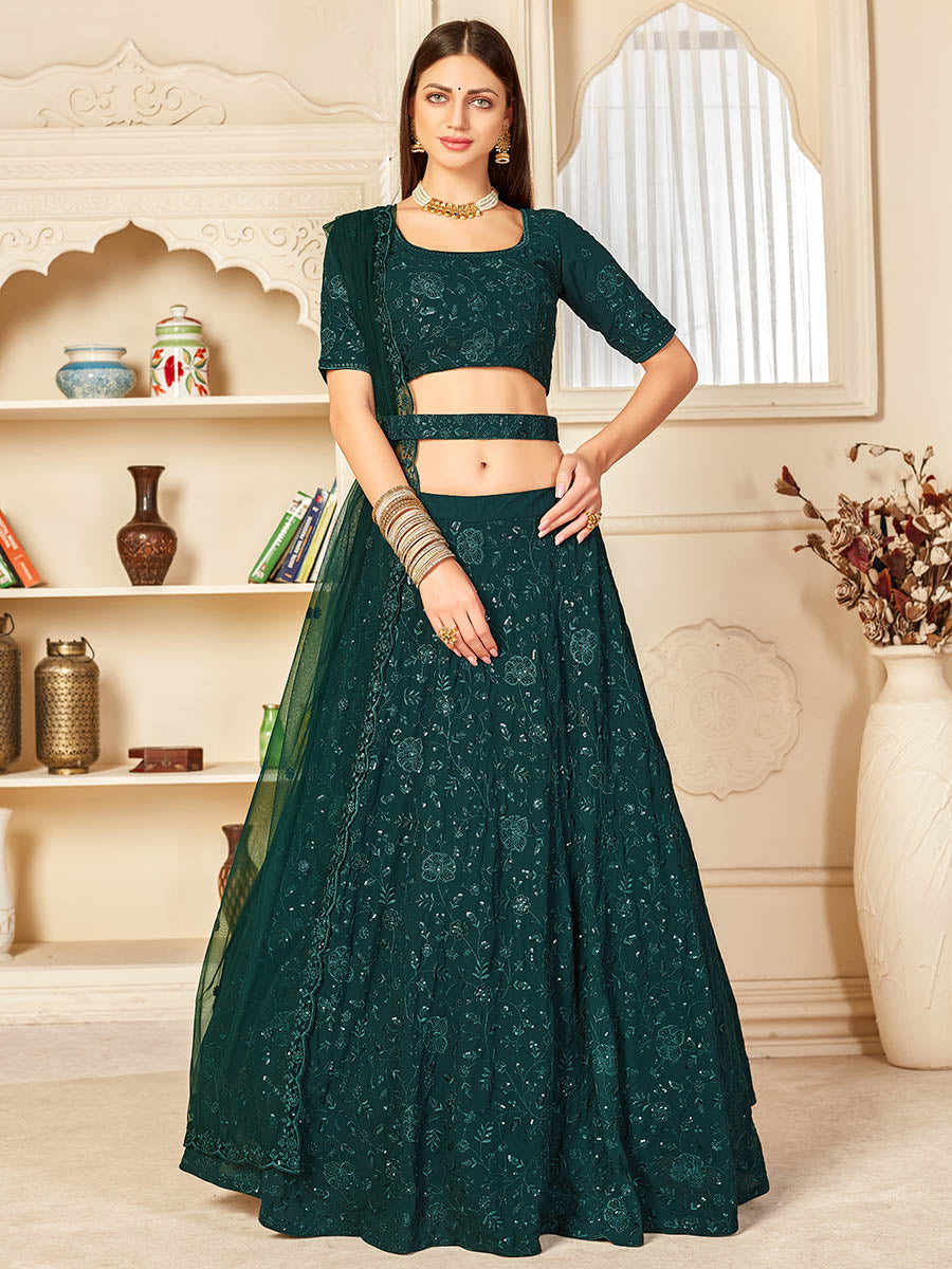 Green Georgette Embroidered Lehenga