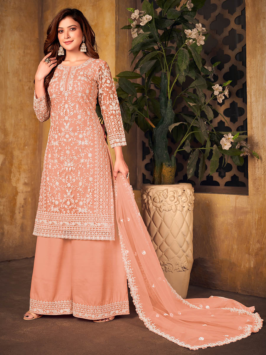 Orange Net Embroidered Palazzo Suit