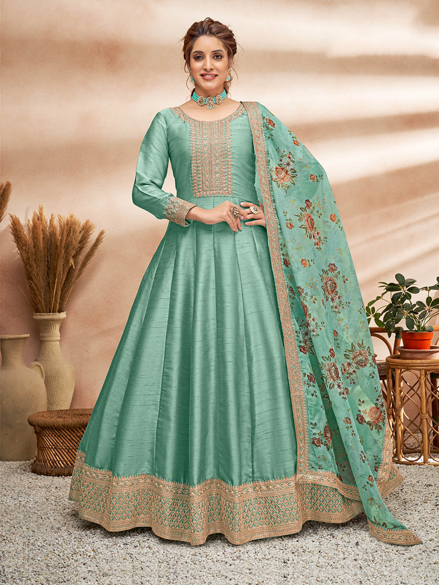 Sea Green Art Silk Embroidered Anarkali Suit