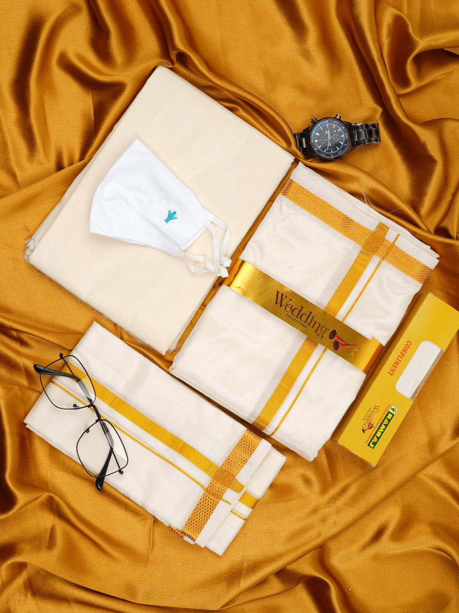 Wedding Art Silk Cream Dhoti Shirting & Towel Set Akshayam 50k