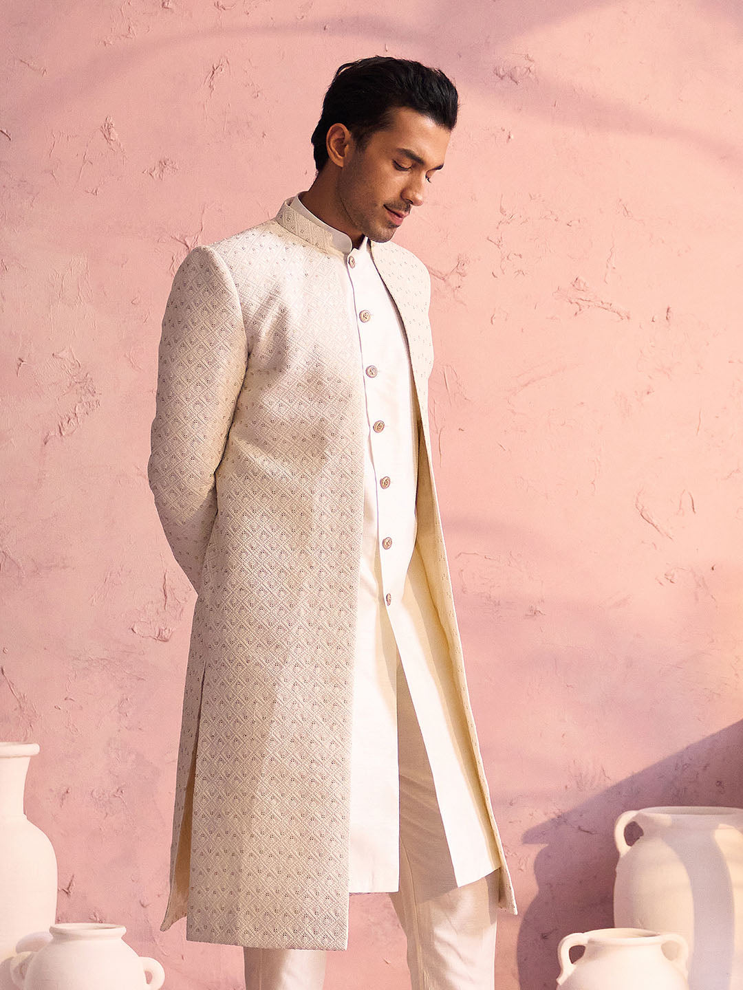 Shrestha By Vastramay Men's Cream Silk Blend Sherwani Only Top