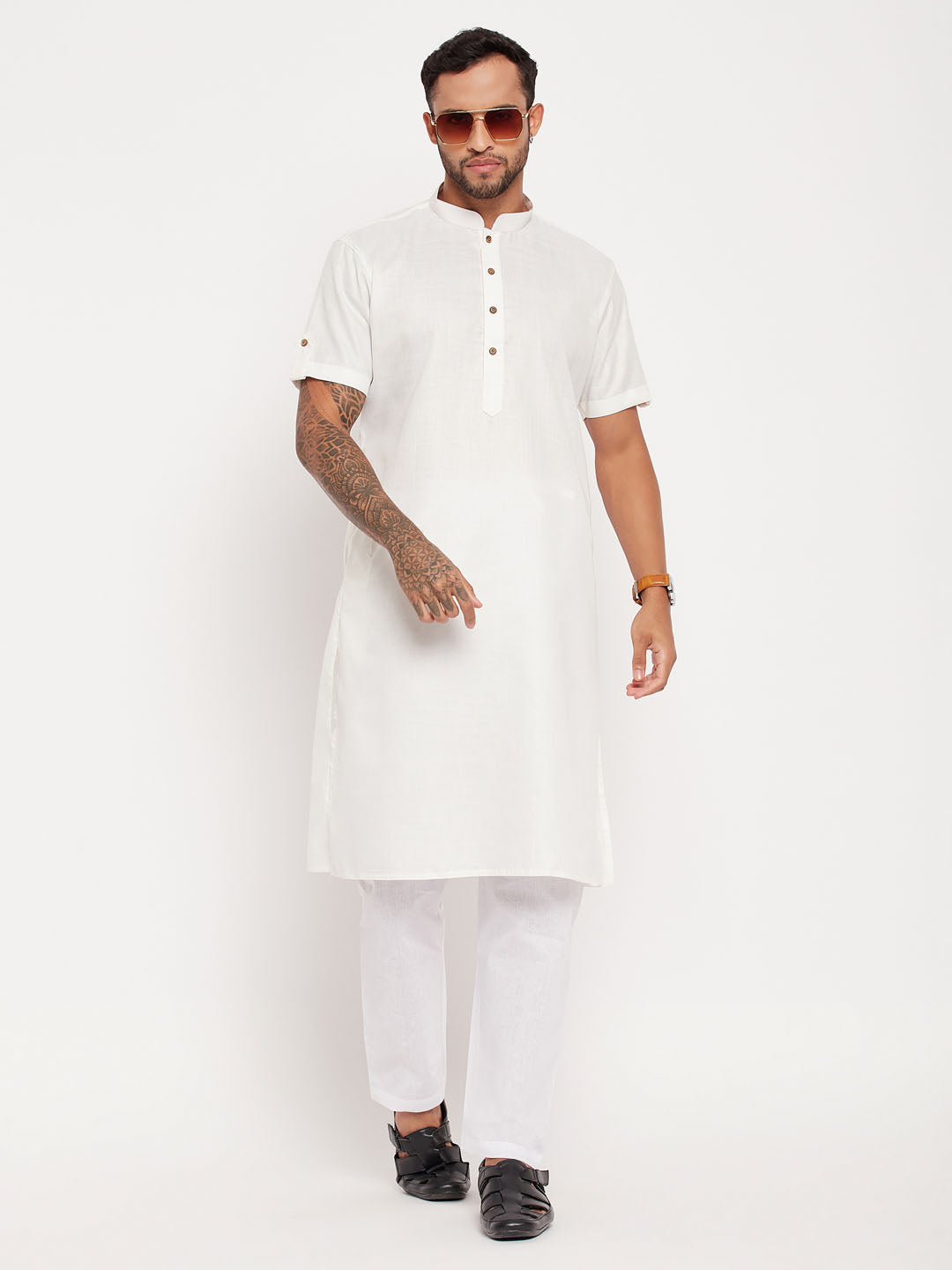VM By VASTRAMAY Men's Cream Solid Kurta with White Pyjama Set