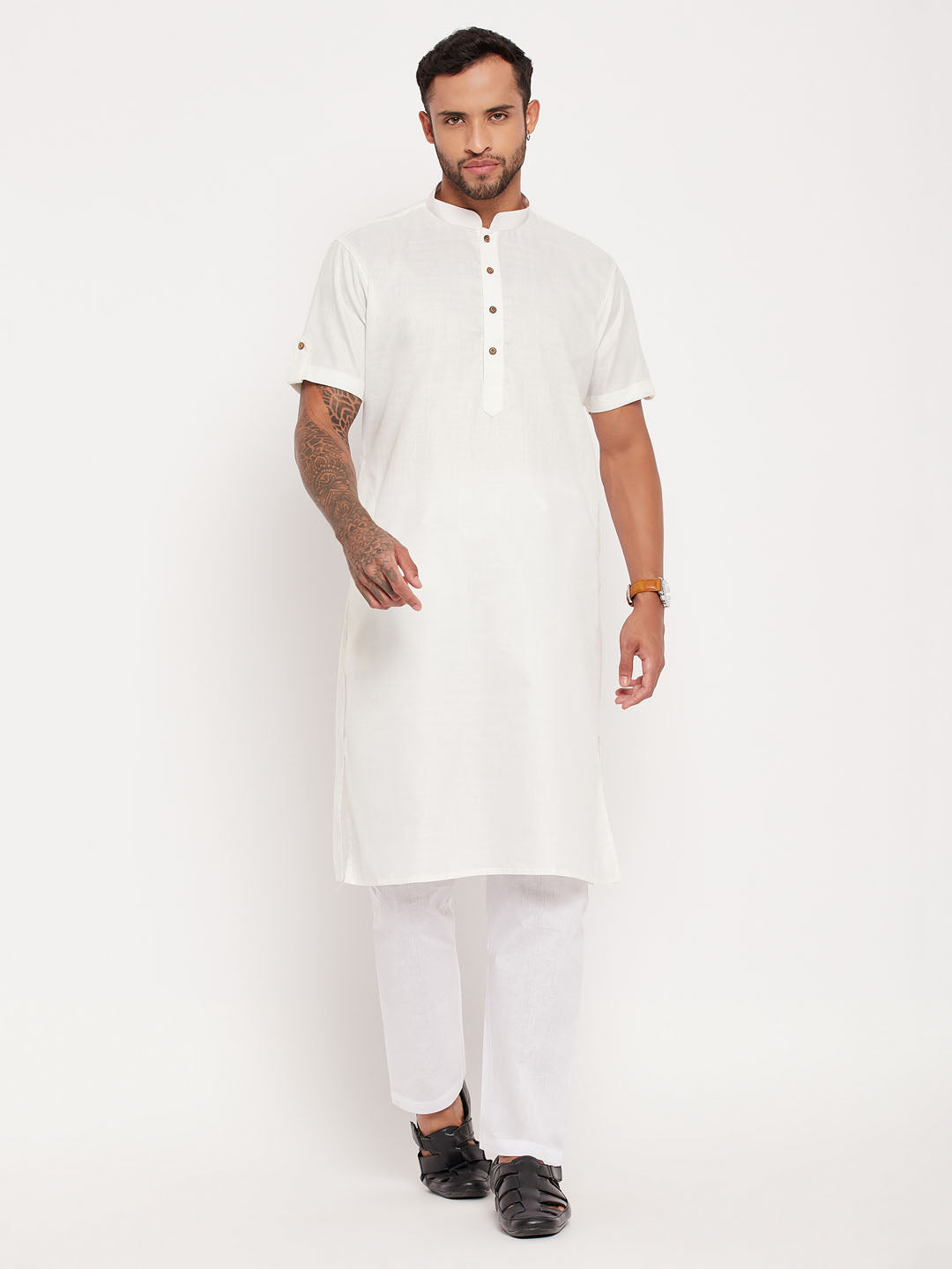 VM By VASTRAMAY Men's Cream Solid Kurta with White Pyjama Set
