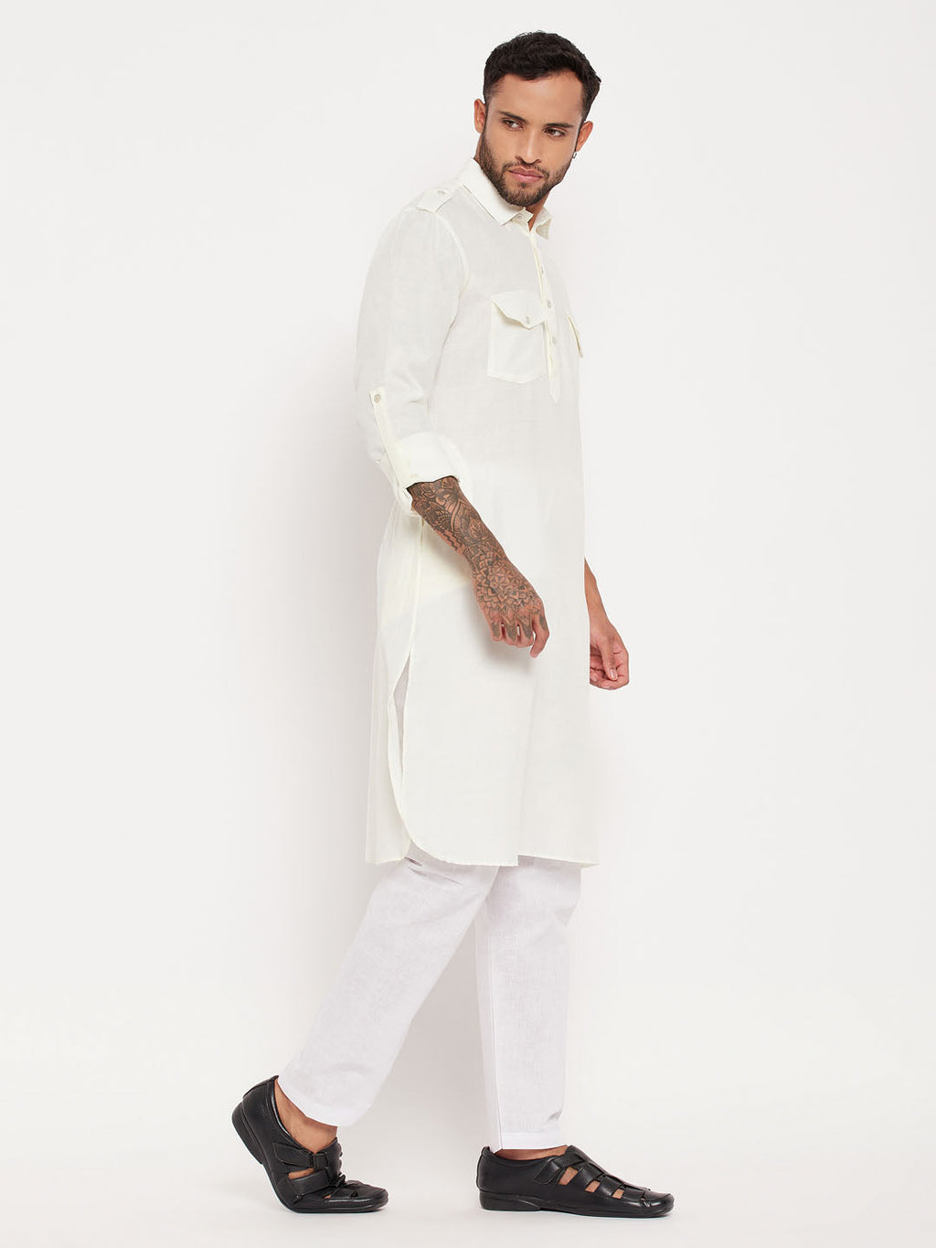 VM BY VASTRAMAY Men's Cream And White Cotton Blend Pathani Suit Set