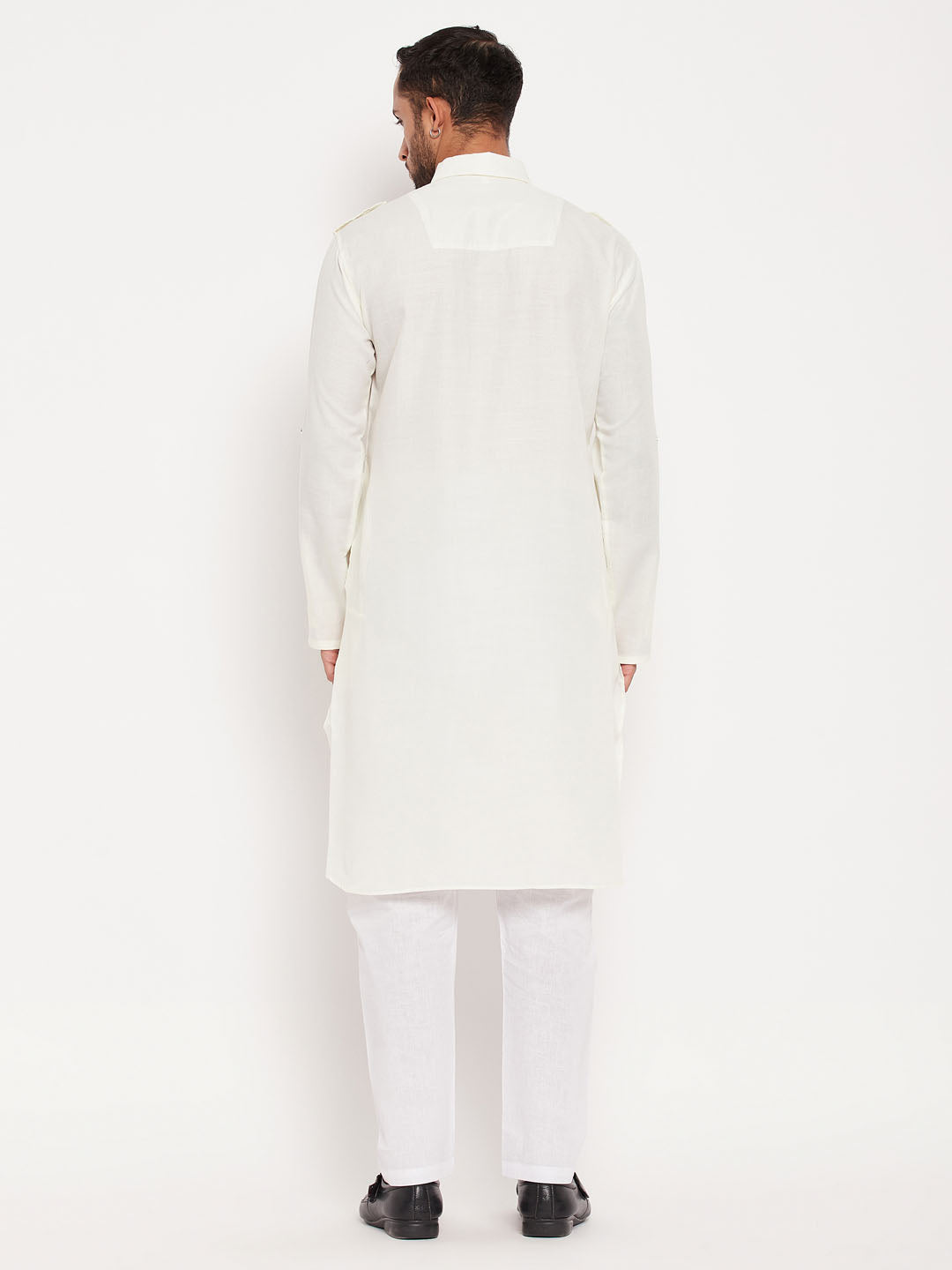 VM BY VASTRAMAY Men's Cream And White Cotton Blend Pathani Suit Set