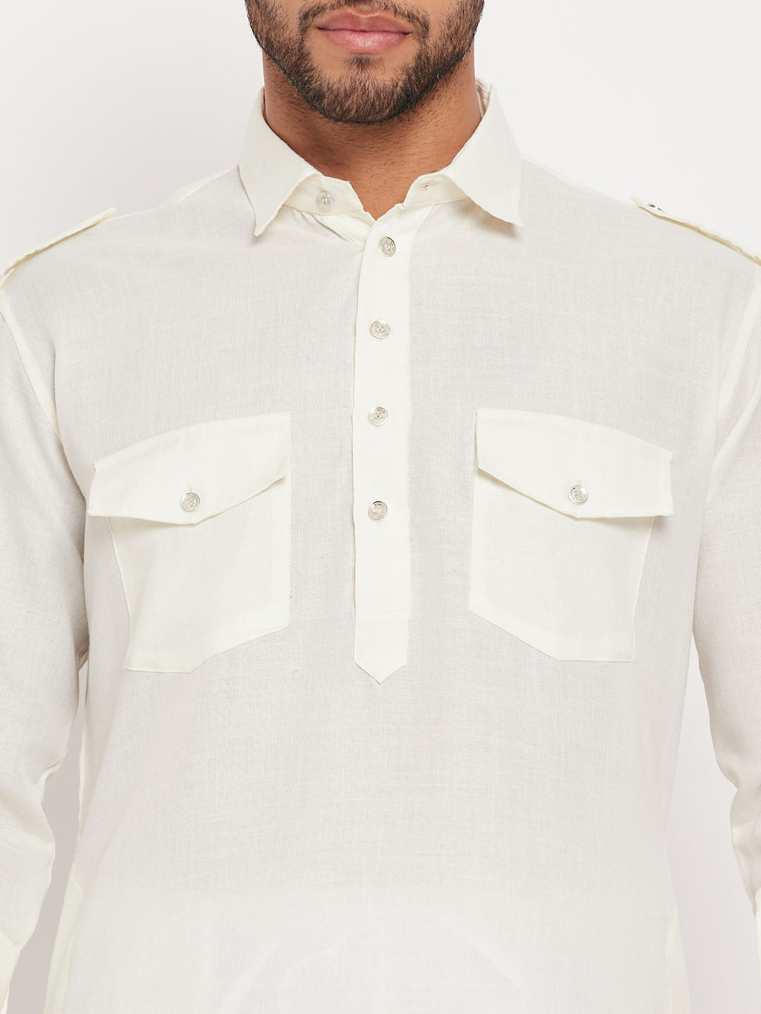 VM BY VASTRAMAY Men's Cream And White Cotton Blend Pathani Suit Set