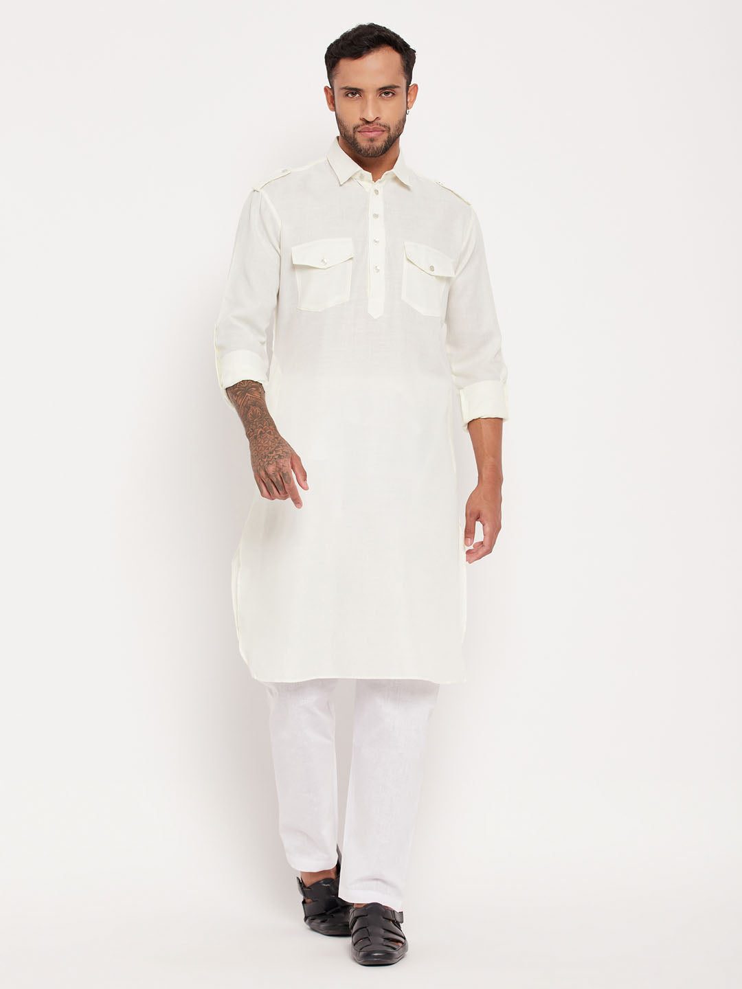 VM BY VASTRAMAY Men's Cream And White Cotton Blend Pathani Suit Set