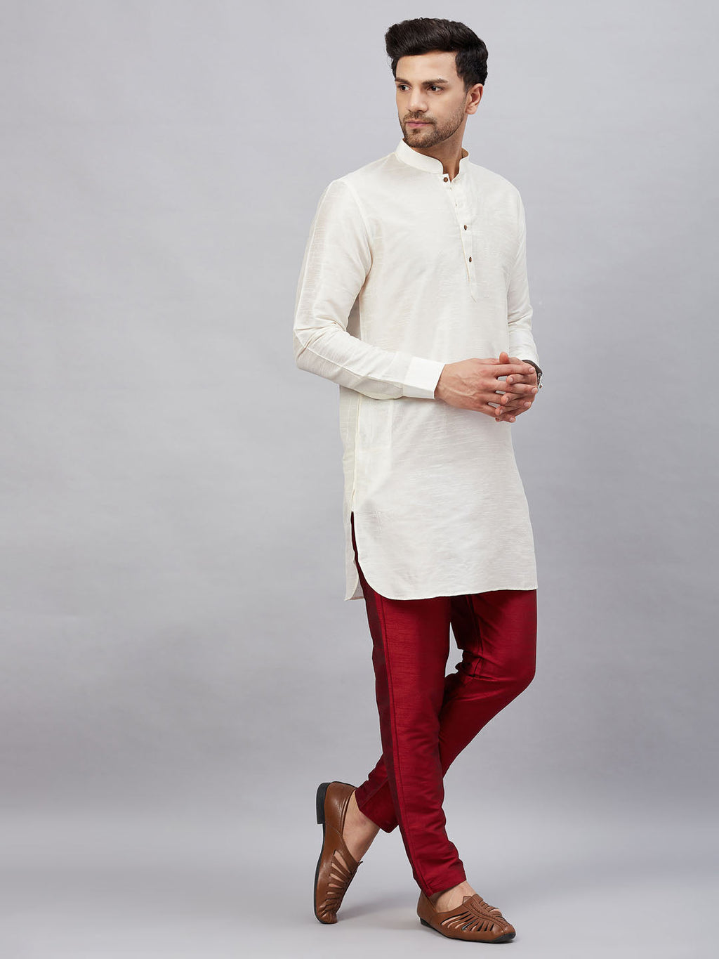 VM By VASTRAMAY Men's Cream Silk Blend Curved Kurta Pant Set