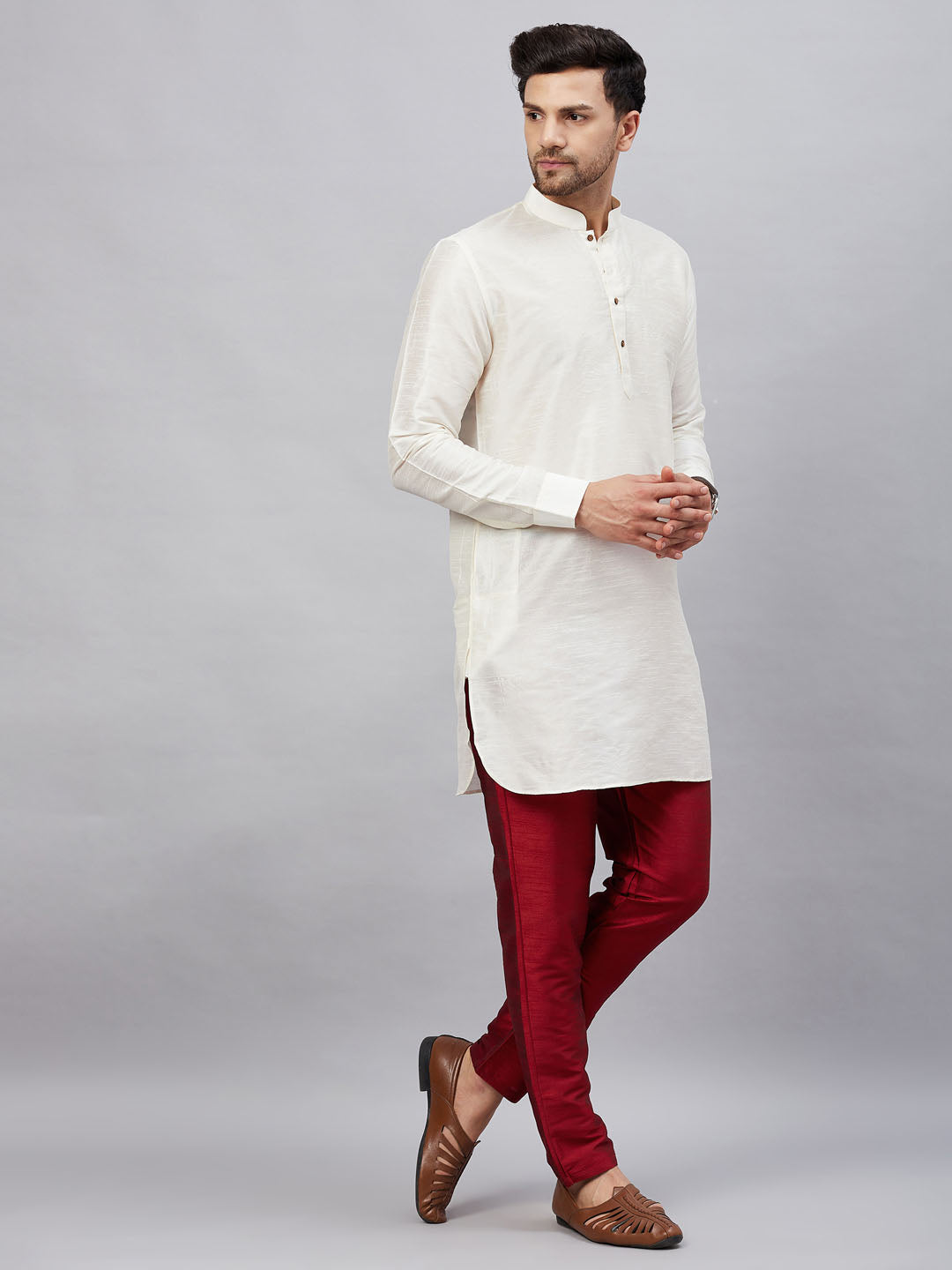 VM By VASTRAMAY Men's Cream Silk Blend Curved Kurta Pant Set