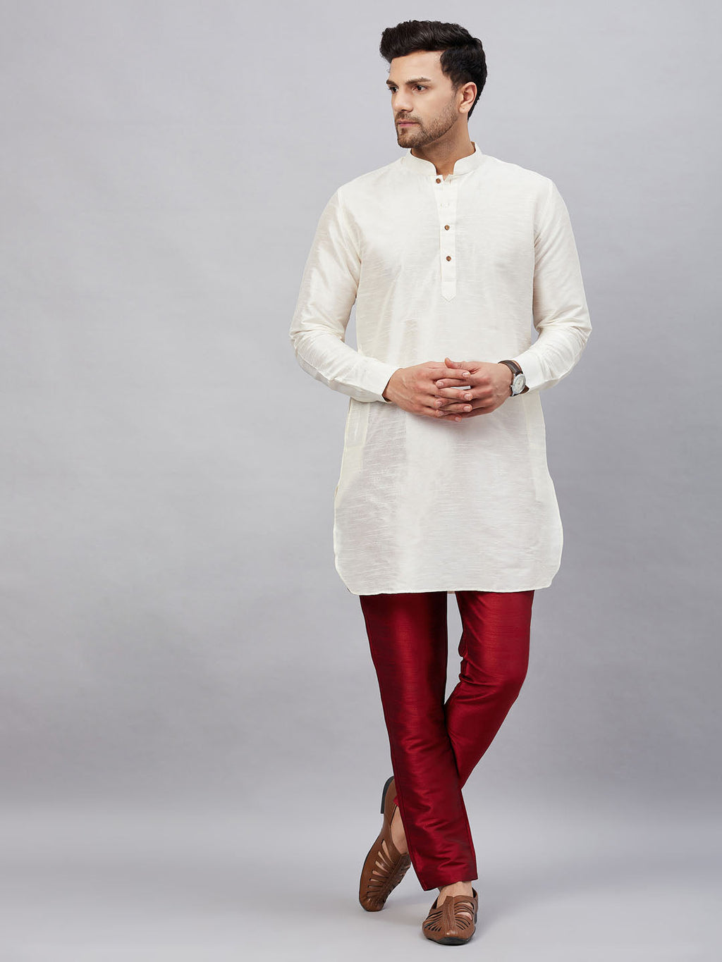 VM By VASTRAMAY Men's Cream Silk Blend Curved Kurta Pant Set