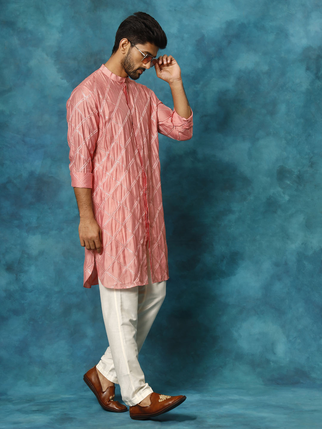 Vastramay Men's Onion Pink Chanderi Cotton Embellished Kurta Pant Set