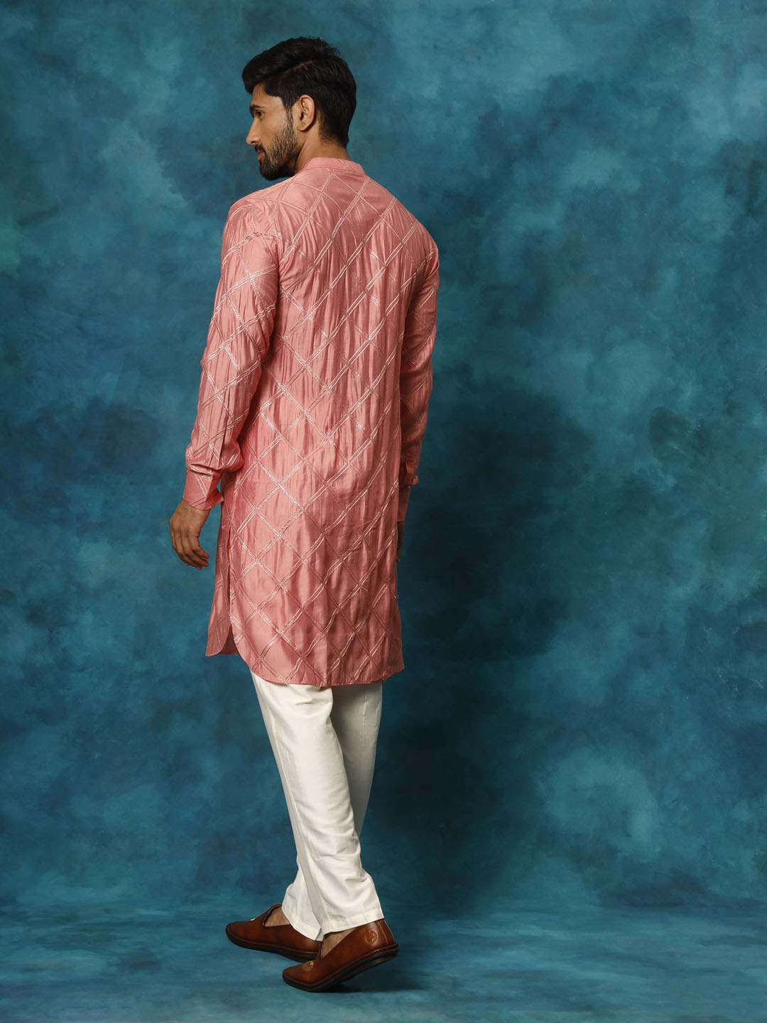 Vastramay Men's Onion Pink Chanderi Cotton Embellished Kurta Pant Set