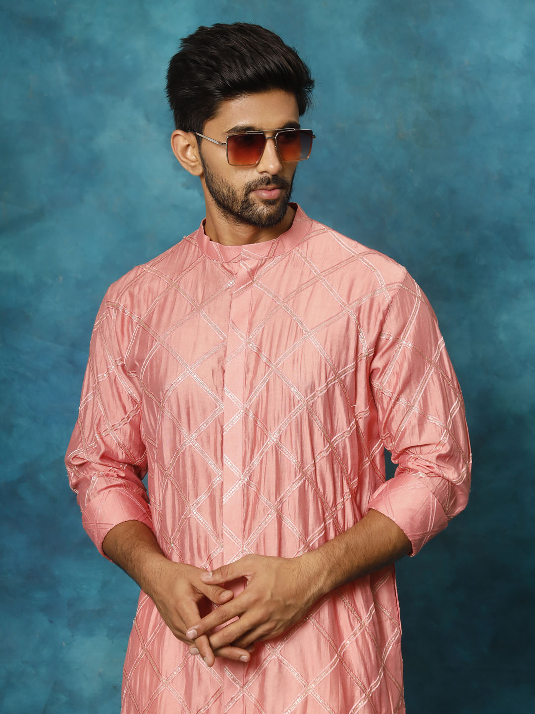 Vastramay Men's Onion Pink Chanderi Cotton Embellished Kurta Pant Set