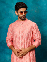 Vastramay Men's Onion Pink Chanderi Cotton Embellished Kurta Pant Set