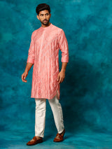 Vastramay Men's Onion Pink Chanderi Cotton Embellished Kurta Pant Set