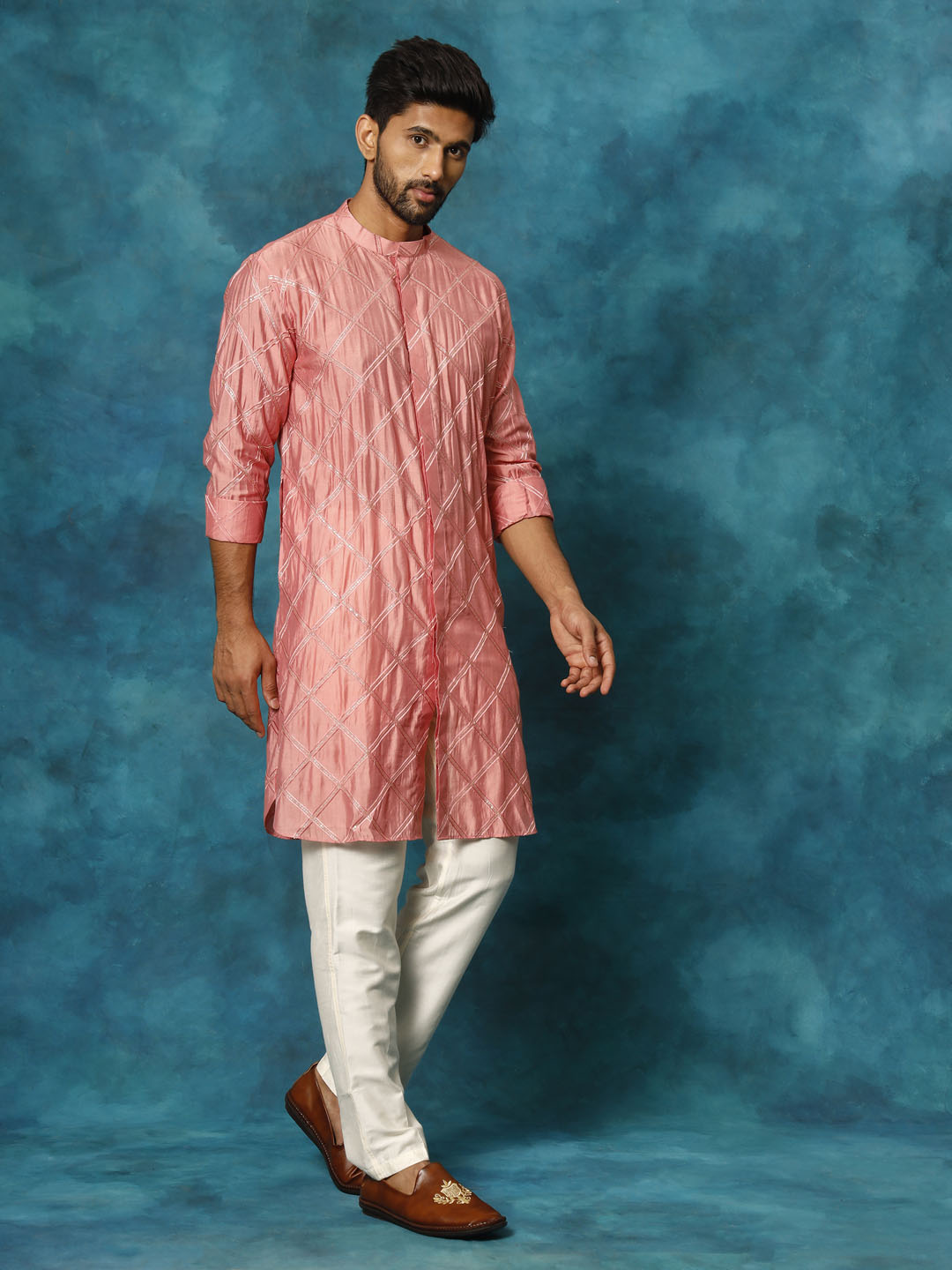 Vastramay Men's Onion Pink Chanderi Cotton Embellished Kurta Pant Set