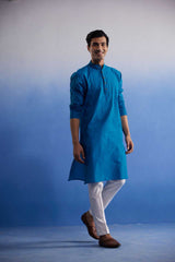 VASTRAMAY Men's Aqua Blue Pure Cotton Handloom Kurta Pyjama Set