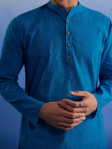 VASTRAMAY Men's Aqua Blue Pure Cotton Handloom Kurta Pyjama Set