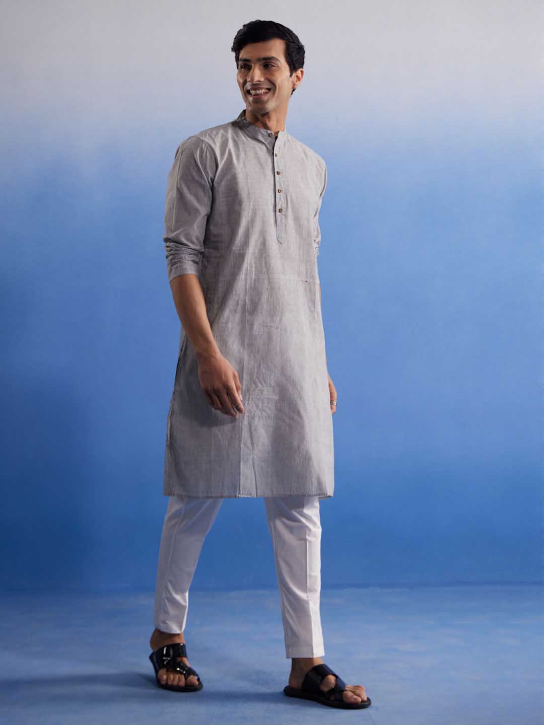 VASTRAMAY Men's Grey Pure Cotton Handloom Kurta Pyjama Set