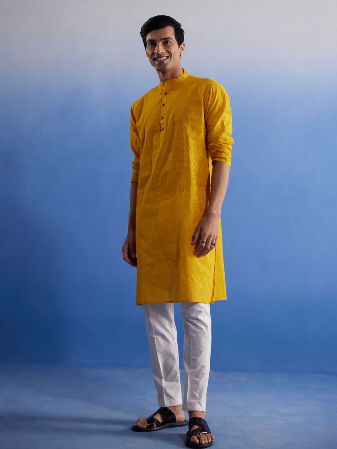 Vastramay Men's Mustard Pure Cotton Handloom Kurta Pyjama Set