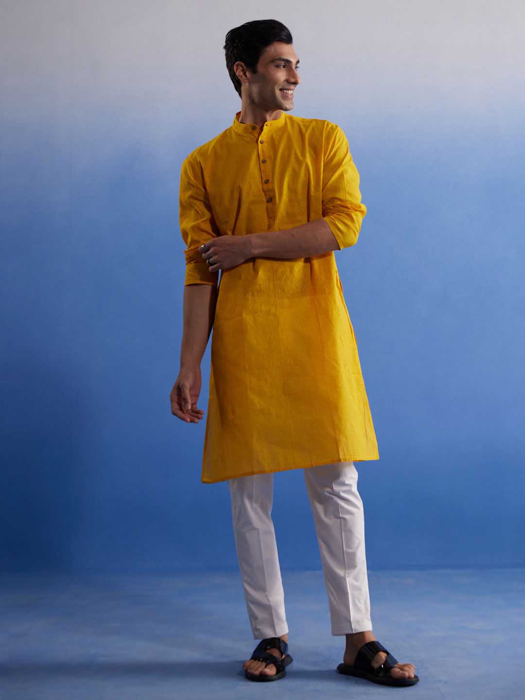 Vastramay Men's Mustard Pure Cotton Handloom Kurta Pyjama Set