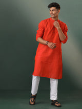 Vastramay Men's Red Pure Cotton Handloom Kurta Pyjama Set