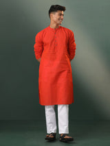 Vastramay Men's Red Pure Cotton Handloom Kurta Pyjama Set