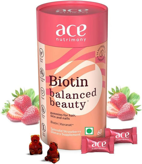 Ace Nutrimony Biotin Balanced Beauty Hair Gummies for Skin and Nails with Clinically Proven Keranat, Biotin - Strawberry - Vamzn#