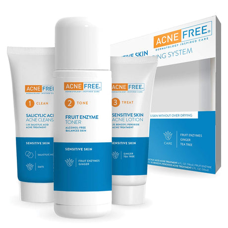 Acne Free 3 - Step Acne Treatment Kit with Salicylic Acid Face Wash, Alcohol - Free Toner, & Benzoyl Peroxide Lotion for Sensitive Skin and Fighting Breakouts, 24 Hour Face Clearing System - Vamzn#