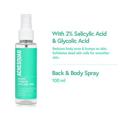 Acne Squad Salicylic Acid & Glycolic Acid Back & Body Spray 100ml | For Back Acne Breakouts & Bumps on Back & Body | 100ml - Vamzn#